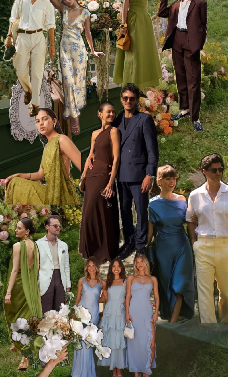Convidados num jardim: vestidos em verde-oliva, azul e creme; fatos em tons terra