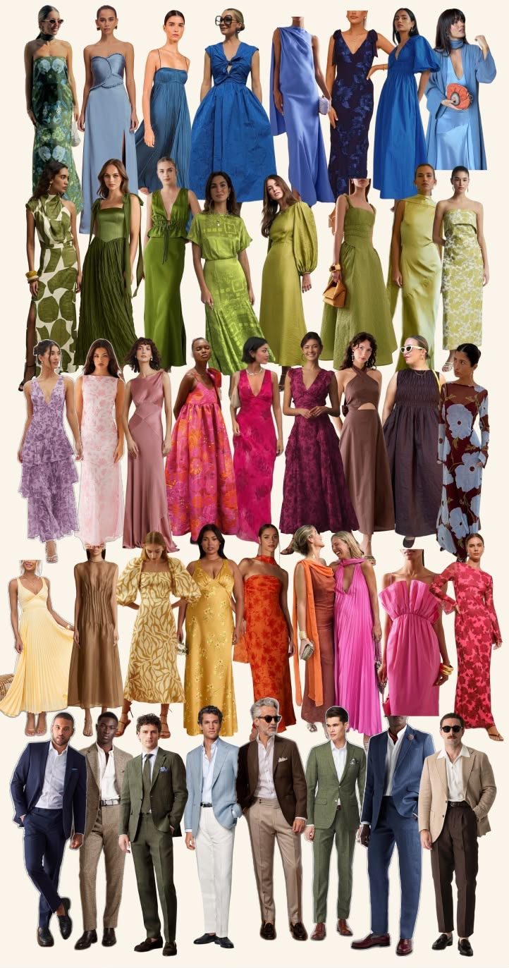 Vestidos longos agrupados por cor e fatos masculinos claros